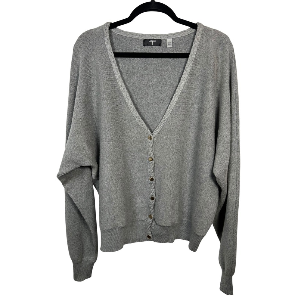 Tahari Button Front Gray Knit Cardigan Sweater Braided Trim Dolman Sleeve XL